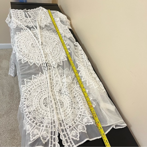 Rachel Zoe OS White Open Long Kimono | Lace Embroidery Coverup - Picture 12 of 13